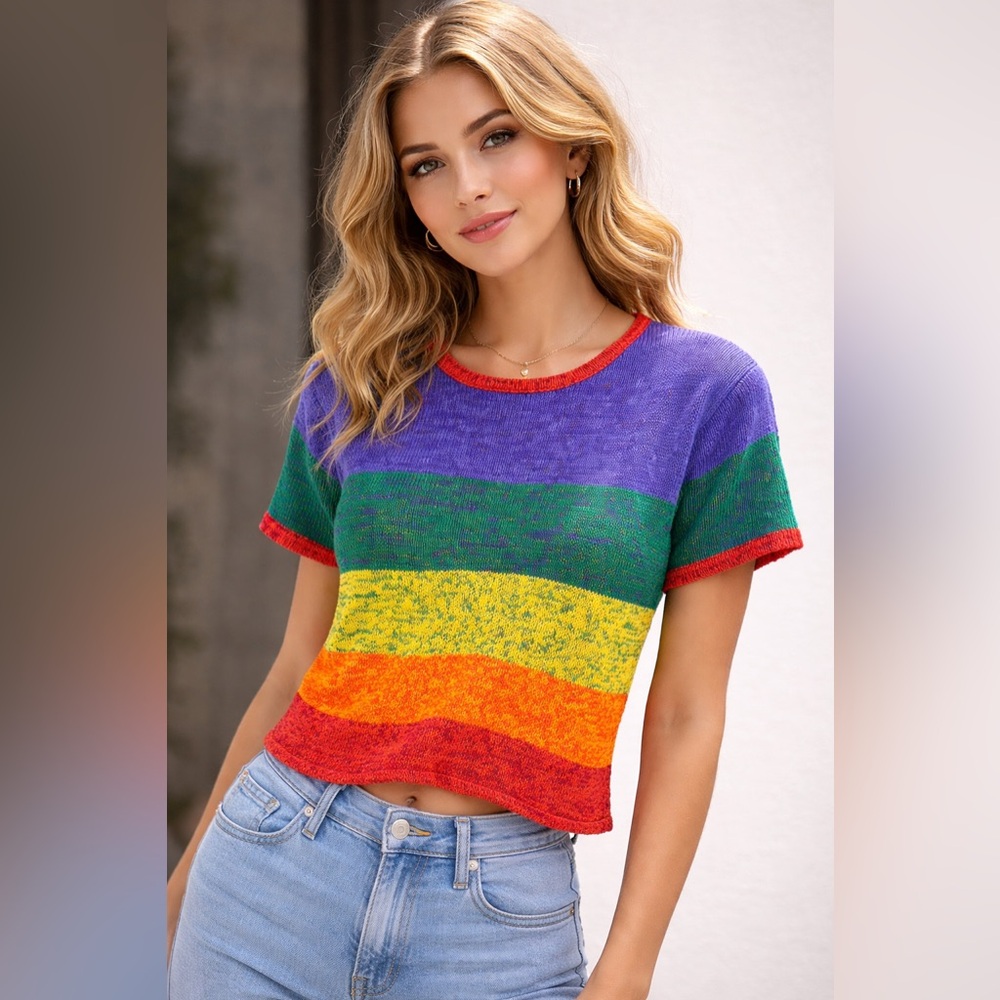 Nuggets Rainbow Knit Sweater Top Medium Ramie Cotton